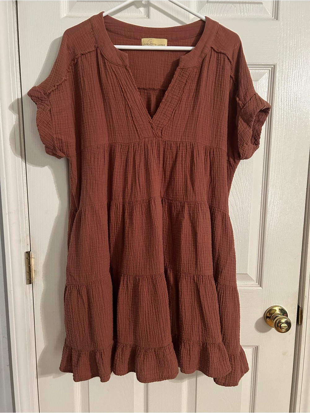Tiered V-Neck Short Sleeve Mini Dress in Rust